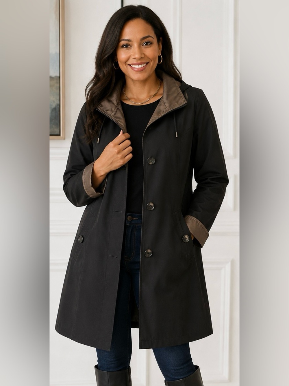Gallery New York XL Black Convertible Hooded Coat Removable Liner Bronze Trim